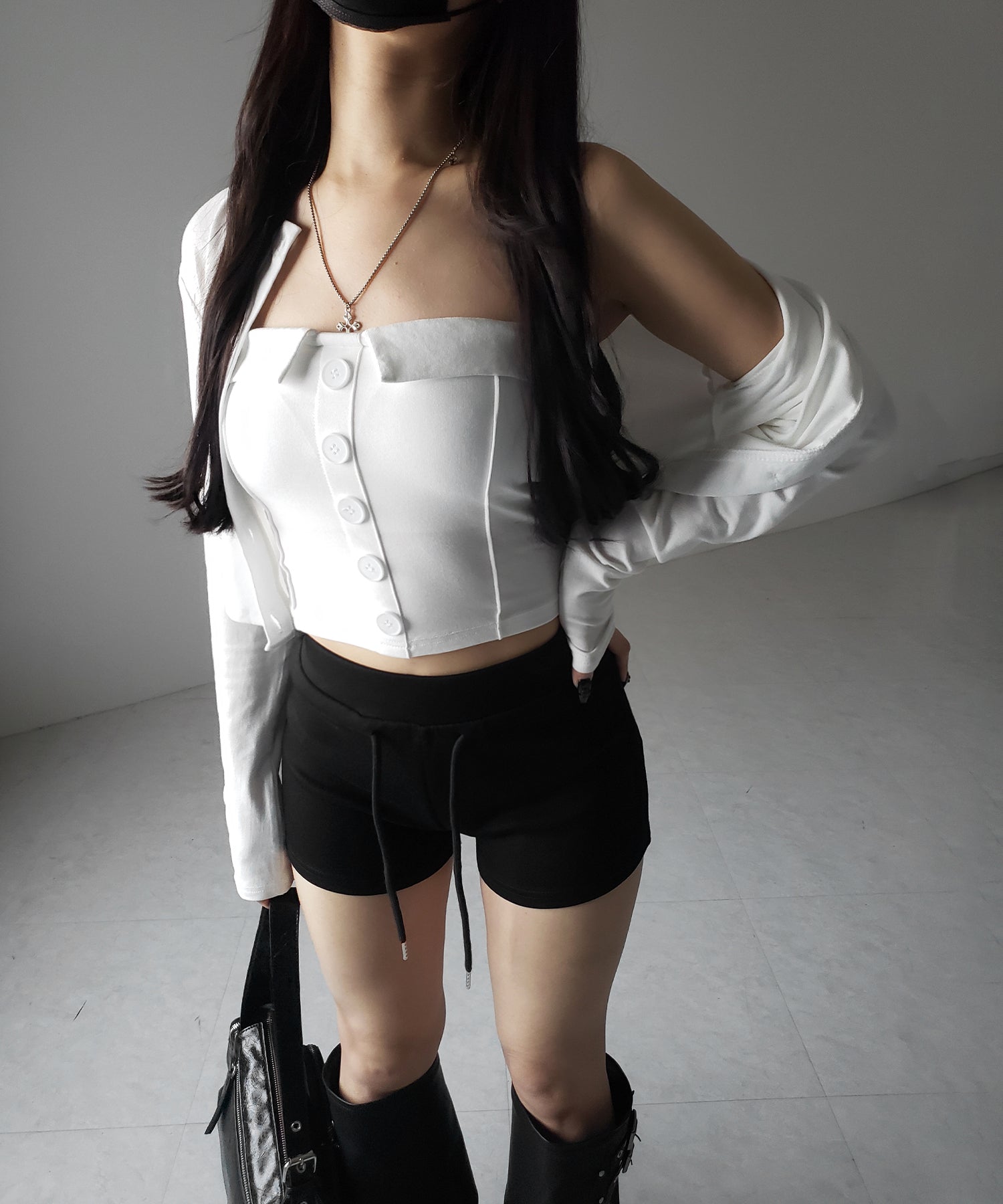【 2点セット 】フロントボタンベアトップ + クロップドカットソーカーディガン SET / front button bare top + cropped cutsaw cardigan SET