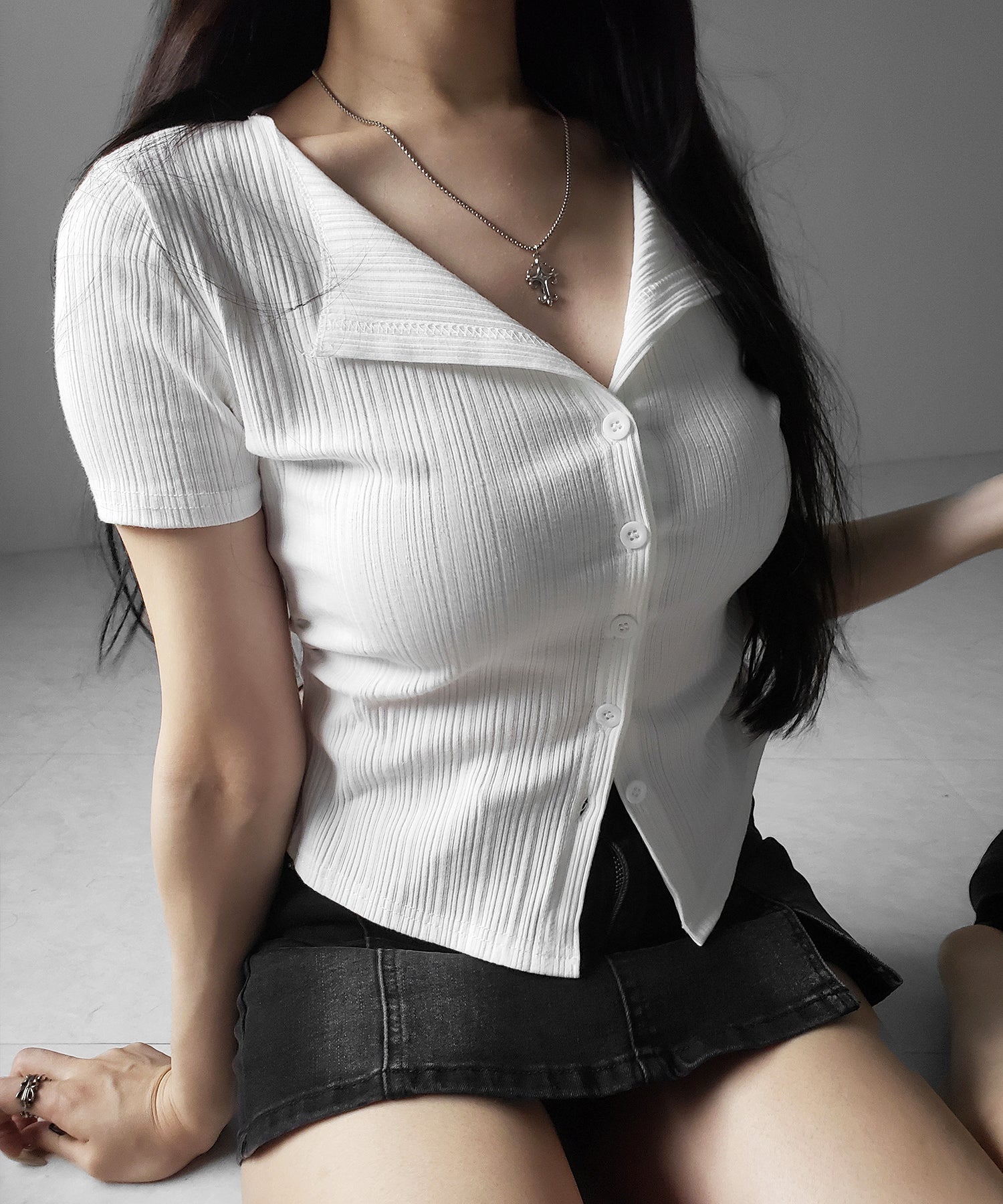 フロントボタン半袖リブカーデトップス / front button short sleeve lib cardigan tops