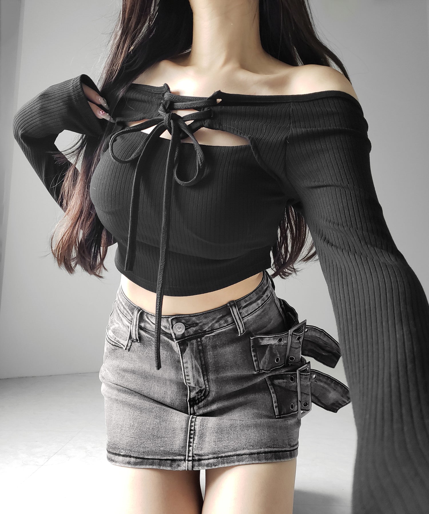 【 インパン裏地付 】ダブルハトメベルトヴィンテージデニムミニスカート / Double eyelet belt vintage denim mini skirt