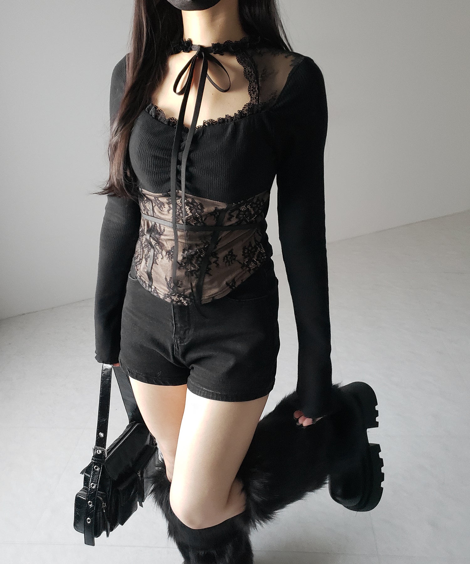 【 2color 】チョーカーネックリボンレーシーカットソートップス / choker neck ribbon lacy cutsaw tops
