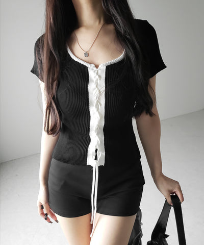 半袖レースアップスリムニットトップス / short-sleeve lace up slim knit tops