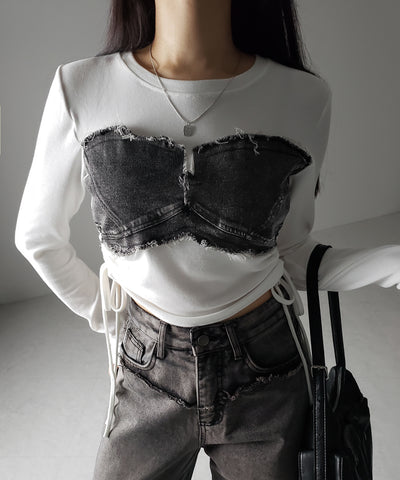 サイドリボンダメージデニムドッキングTシャツ / side ribbon damage denim docking Tee