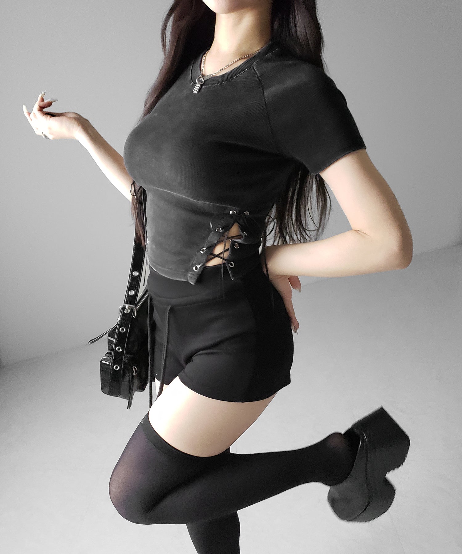 ヴィンテージサイドレースアップカットアウト半袖ショートTシャツ / vintage side lace up cutout short short sleeve T-shirts