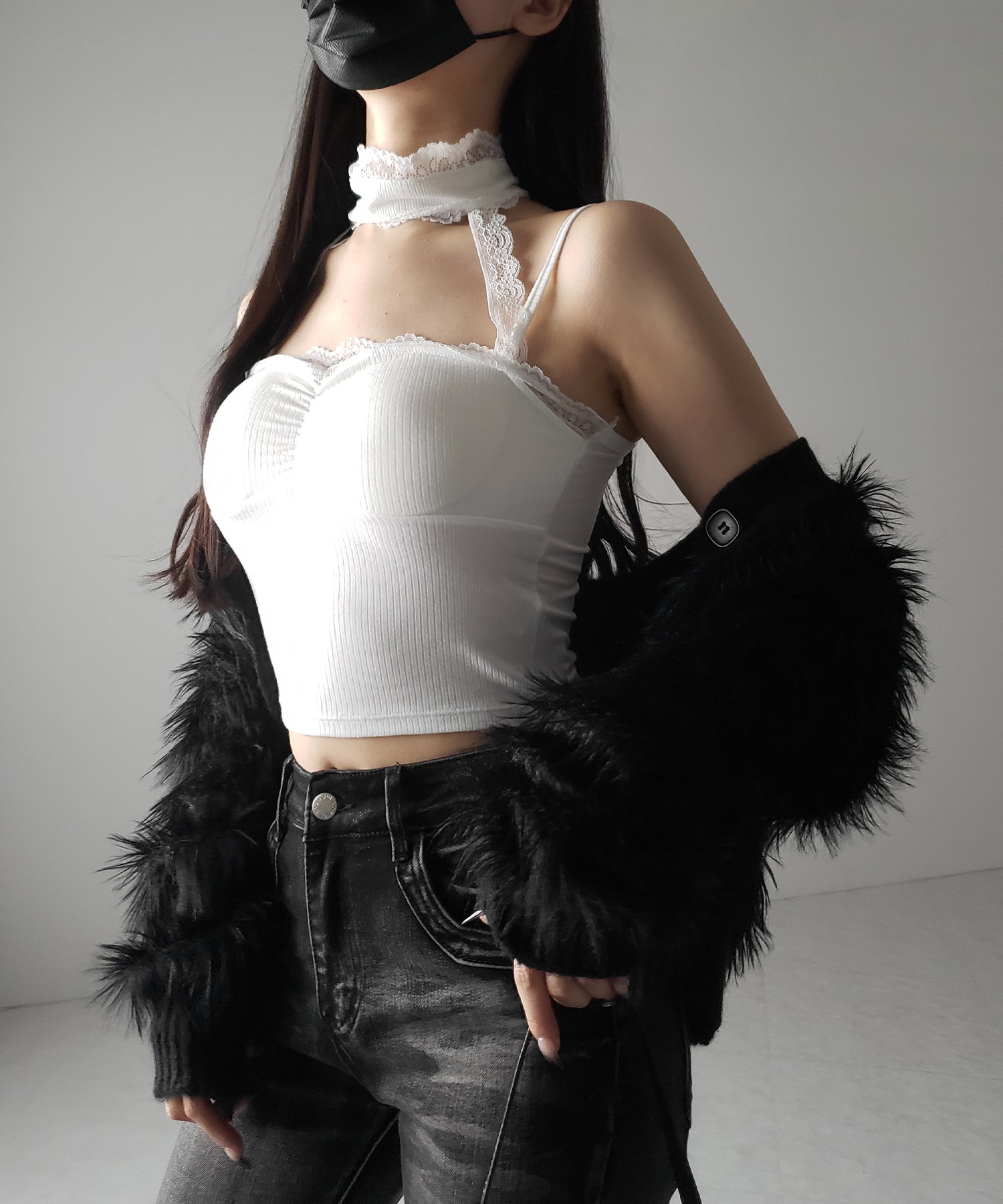 【 カップ付 】レースチョーカーストラップリブキャミソール / lace choker strap lib camisole