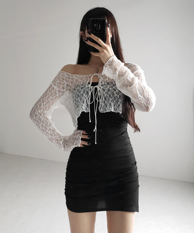ダブルストラップリボンショートレースカーディガン /double strap ribbon short lace cardigan
