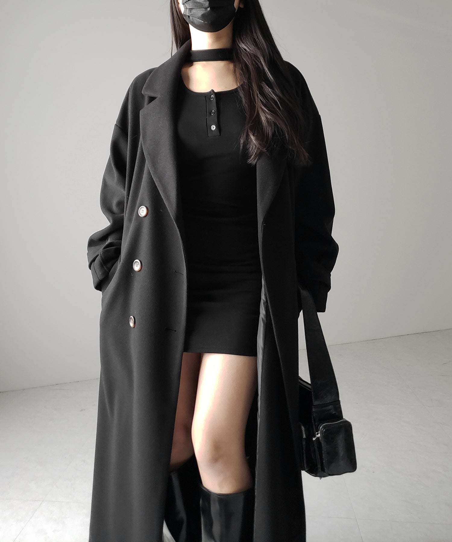 【 3color / 裏起毛 】チョーカーネックシャーリングミニワンピース / choker neck shirring mini onepiece