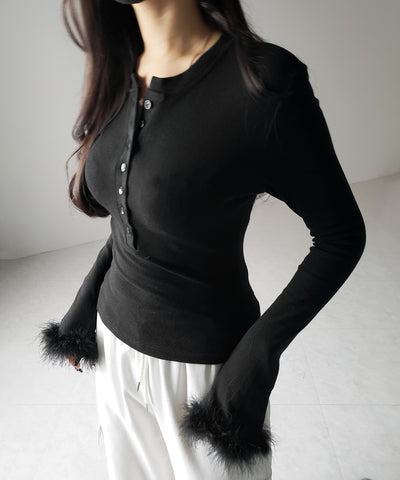 【 2color 】ファースリーブヘンリーネックリブトップス / fur sleeve henley neck lib tops