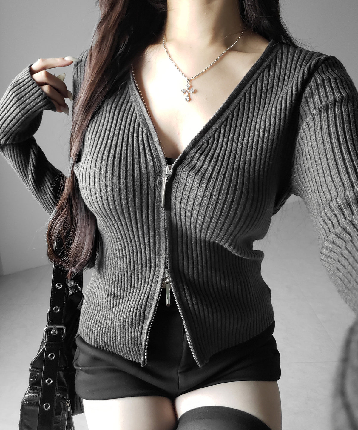 ダブルジップスリムリブニットカーディガン / double zip slim rib knit cardigan