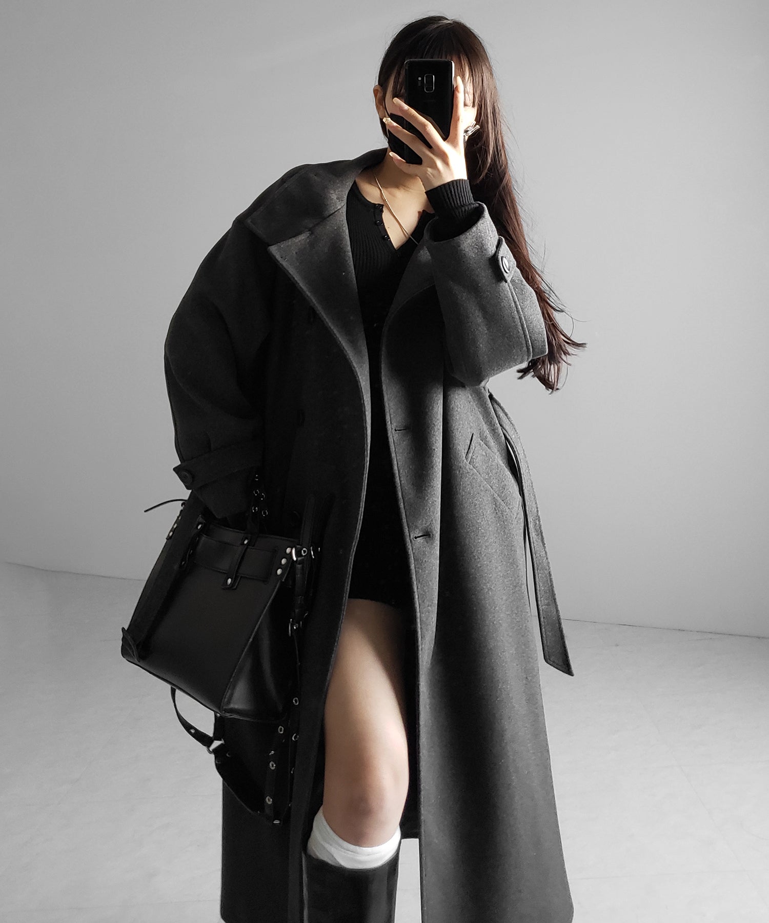 【 ウエストマークベルトSET 】2WAY スタンドカラーレディメルトントレンチロングコート / 2WAY stand collar lady melton trench long coat
