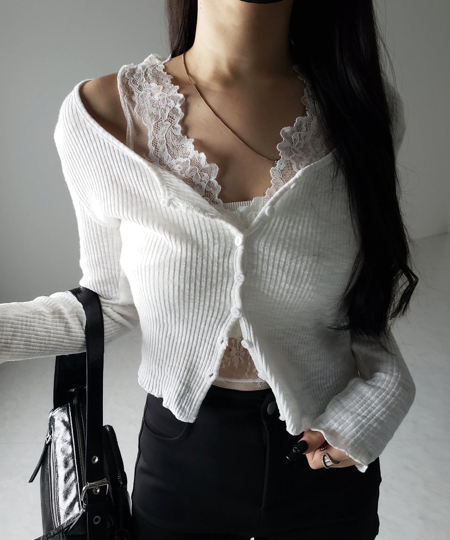 【 2点セット 】レイヤードレースシアーリブカットソーカーディガン / layered lace sheer rib cut and sew cardigan