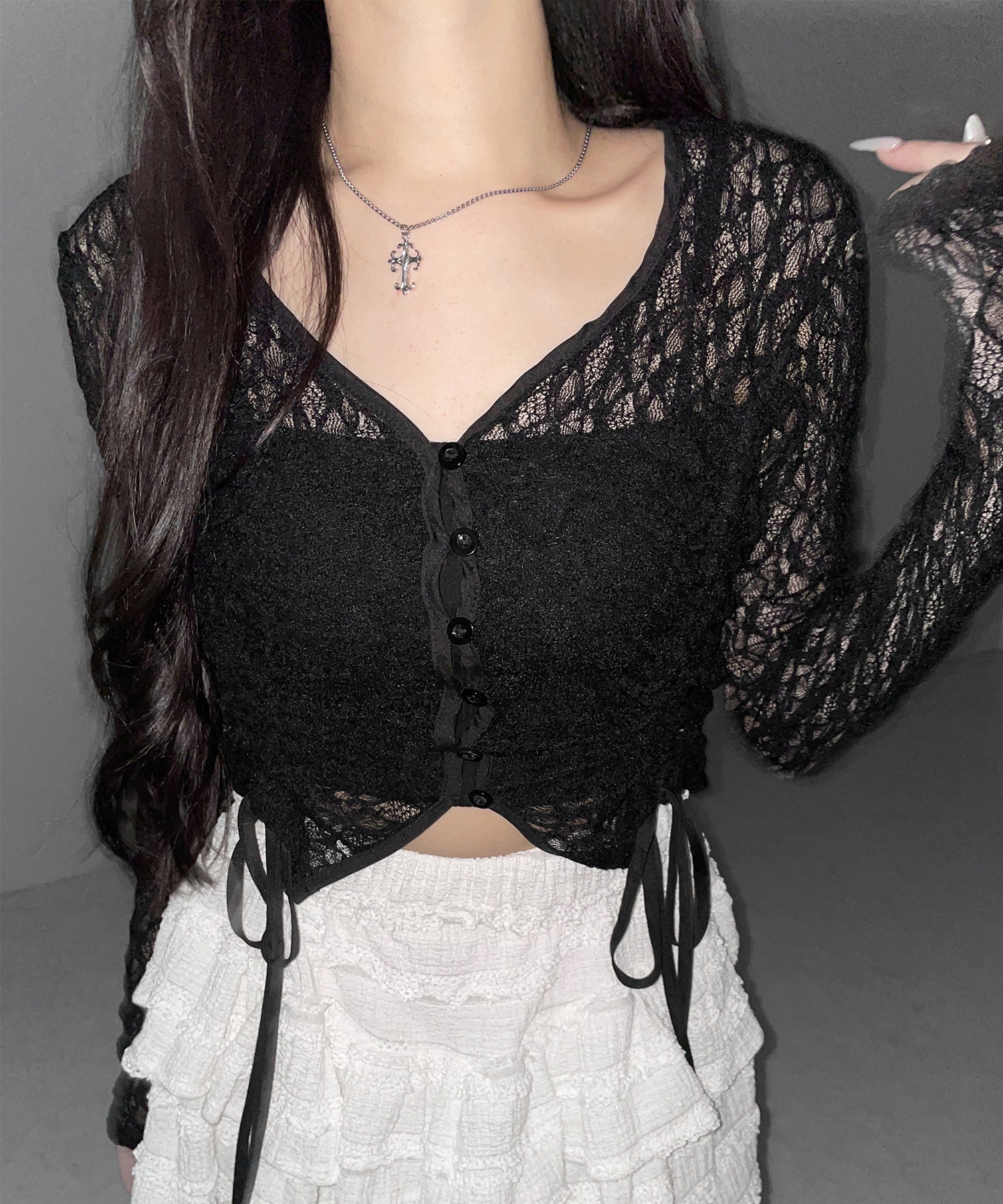 ダブルシャーリングショートレースカーディガン / double shirring short lace cardigan