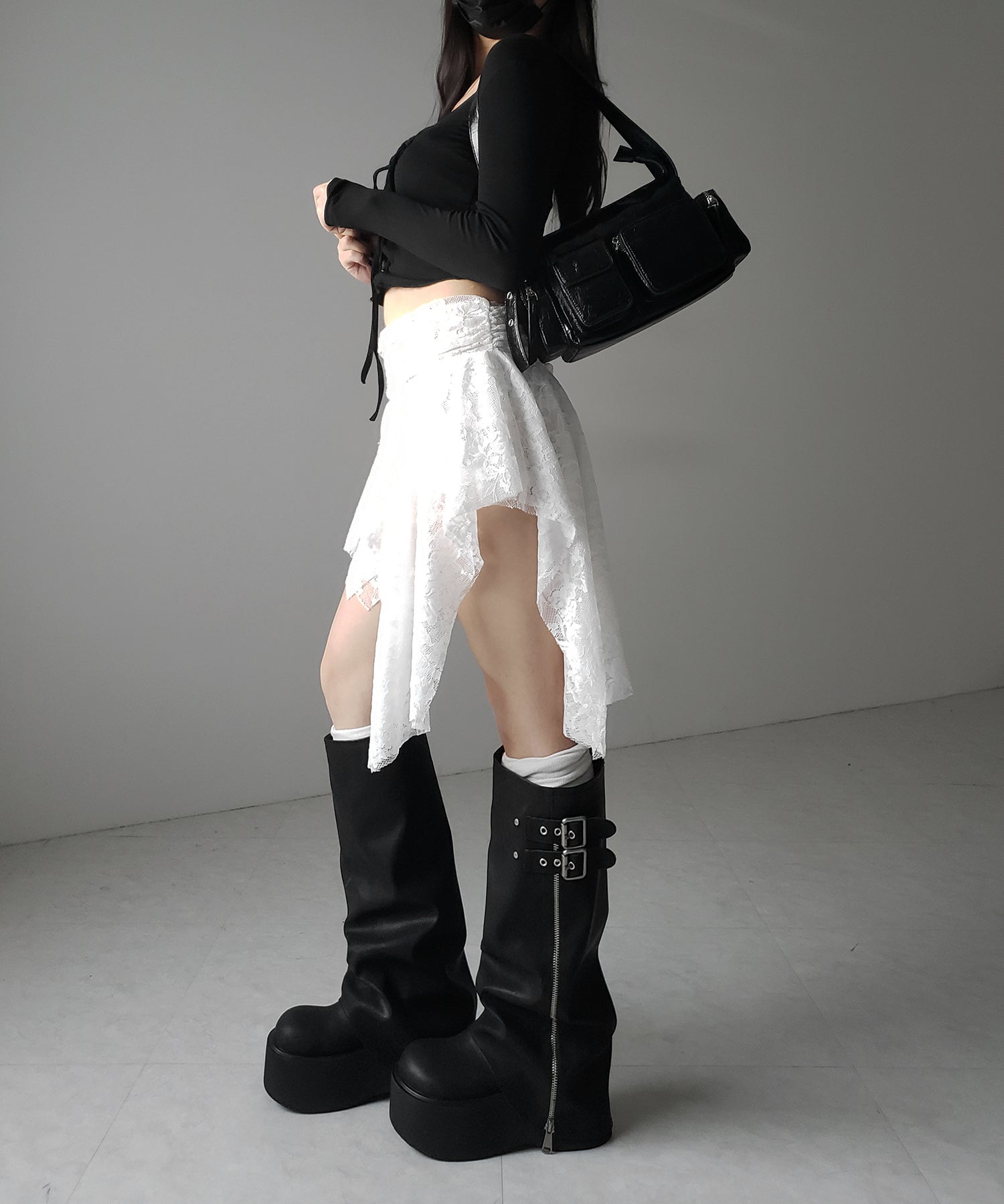 【 2color / インパン裏地付】アシンメトリーフリルレースミニスカート / asymmetry frill lace mini skirt