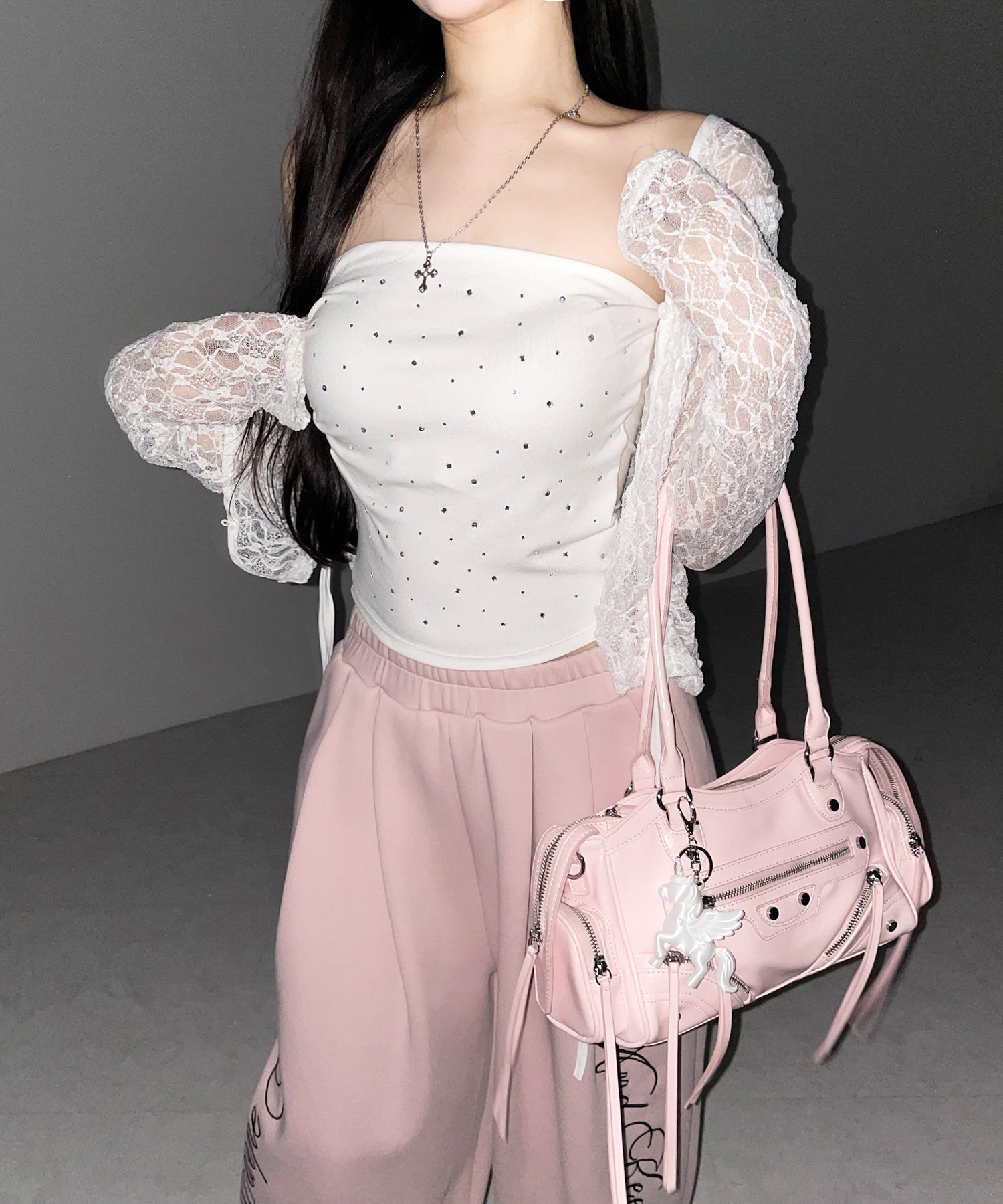 ラインストーンスリムフィットベアトップ / Rhinestone slim fit bare top