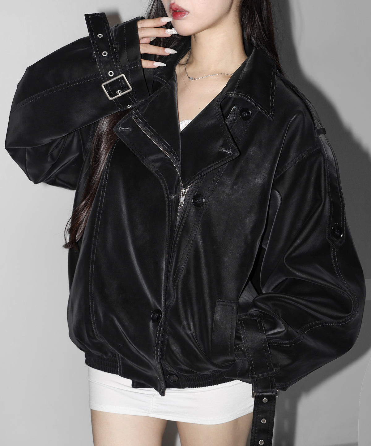 ヴィンテージフェイクレザーベルテッドジップアップオーバーブルゾン / Vintage fake leather belted zipup over blouson