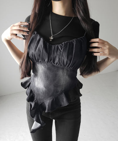【 2点セット 】ヴィンテージデニムビスチェ & 半袖レイヤードTシャツセット / vintage denim bustier & short sleeve layered T-shirts set