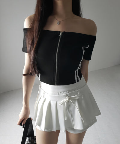 ジップアップオフショルサイドラインTシャツ / zipup off shoulder sideline T-shirt