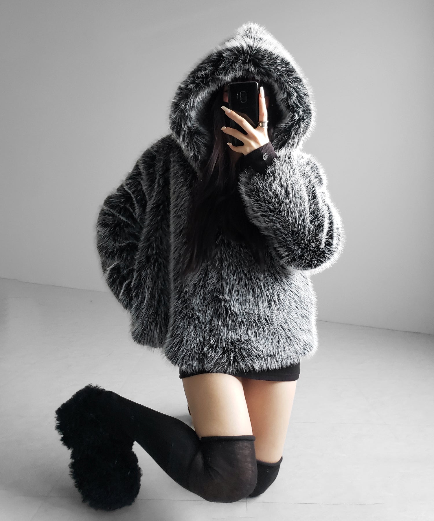 フェイクファーフーディミドルコート / fake fur hoodie middle coat