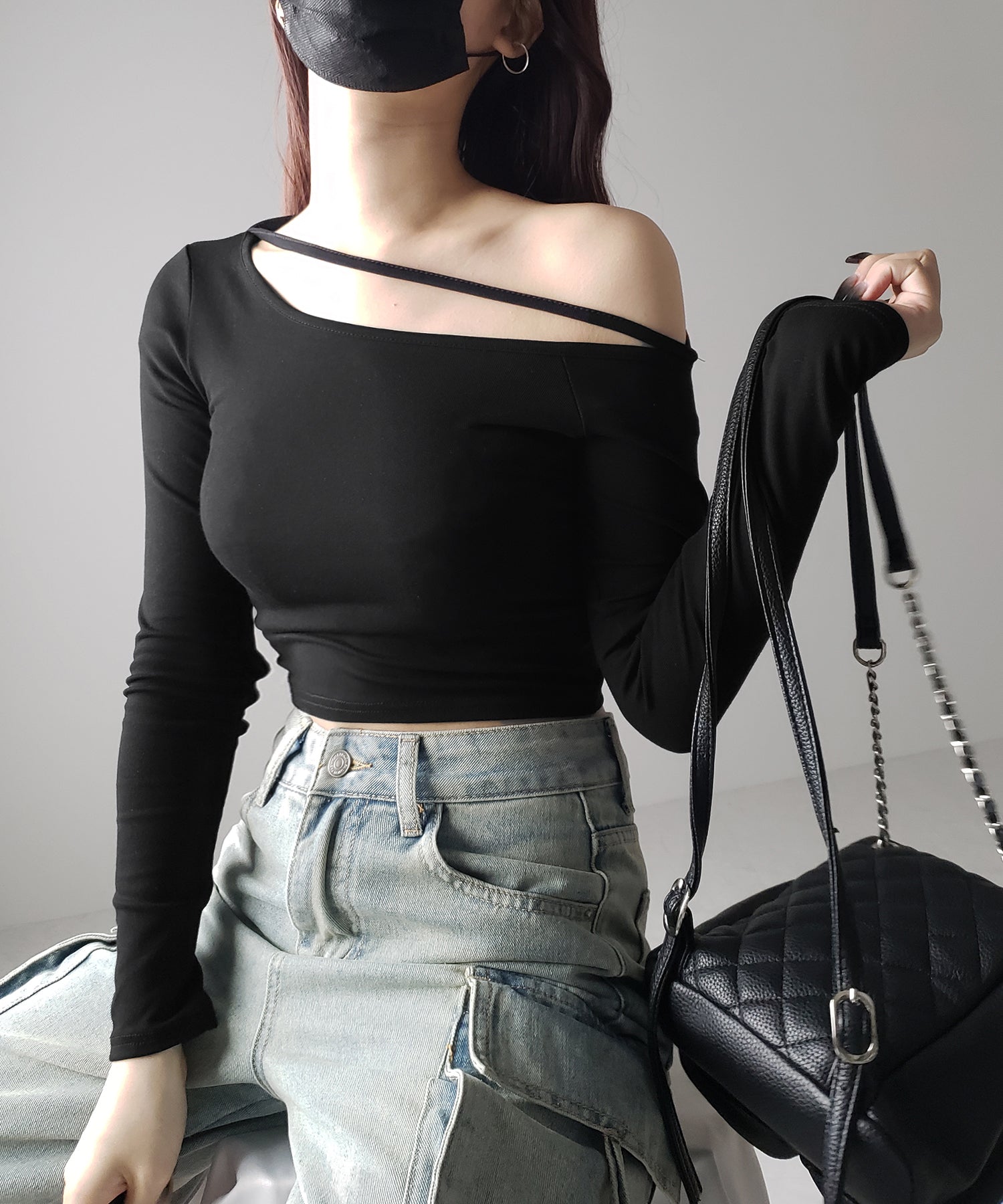 【 3color 】ストラップワンショルダーショートカットソートップス / strap one shoulder short cutsew tops