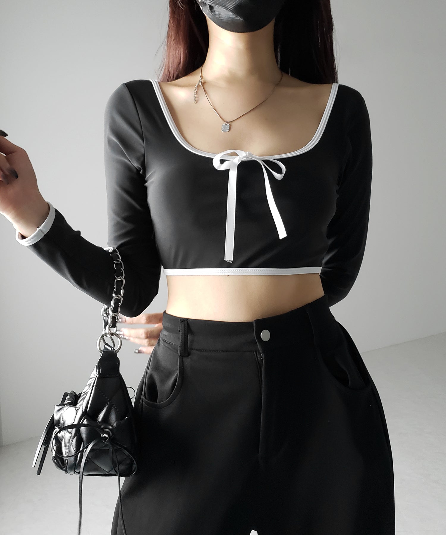 【 レディース水着/2点セット 】フロントリボンモノトーンハイウエストビキニ / front ribbon monotone high waist bikini