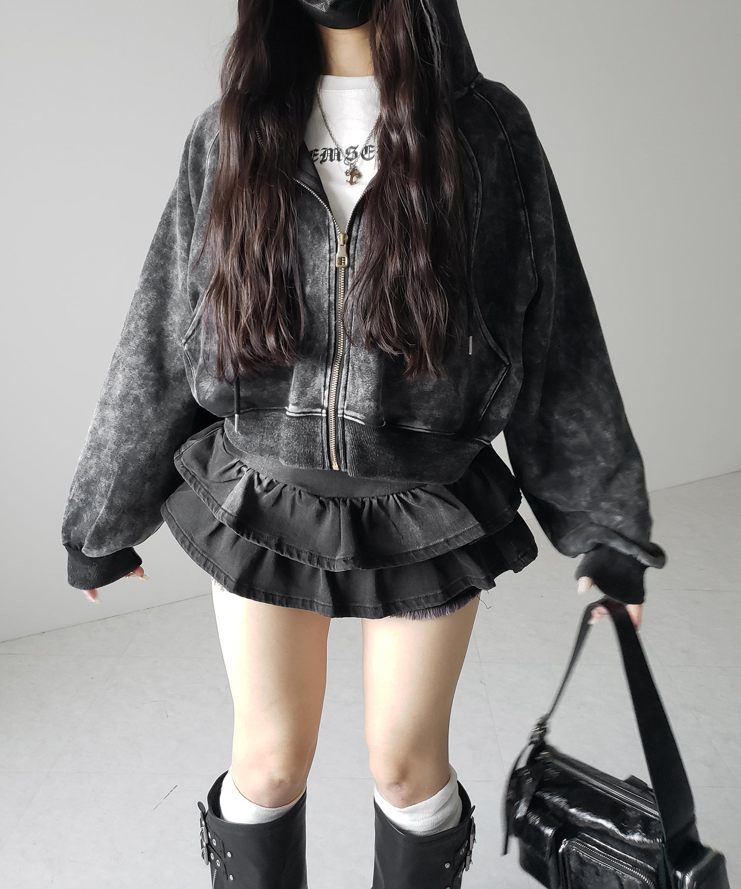 【 2color 】ベルテッドフリルヴィンテージデニムミニスカパン / Belted frill vintage denim mini skirt pants