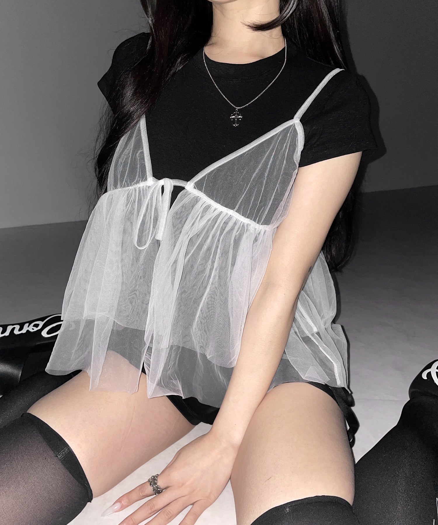 フロントリボンチュールキャミソール / front ribbon tulle camisole