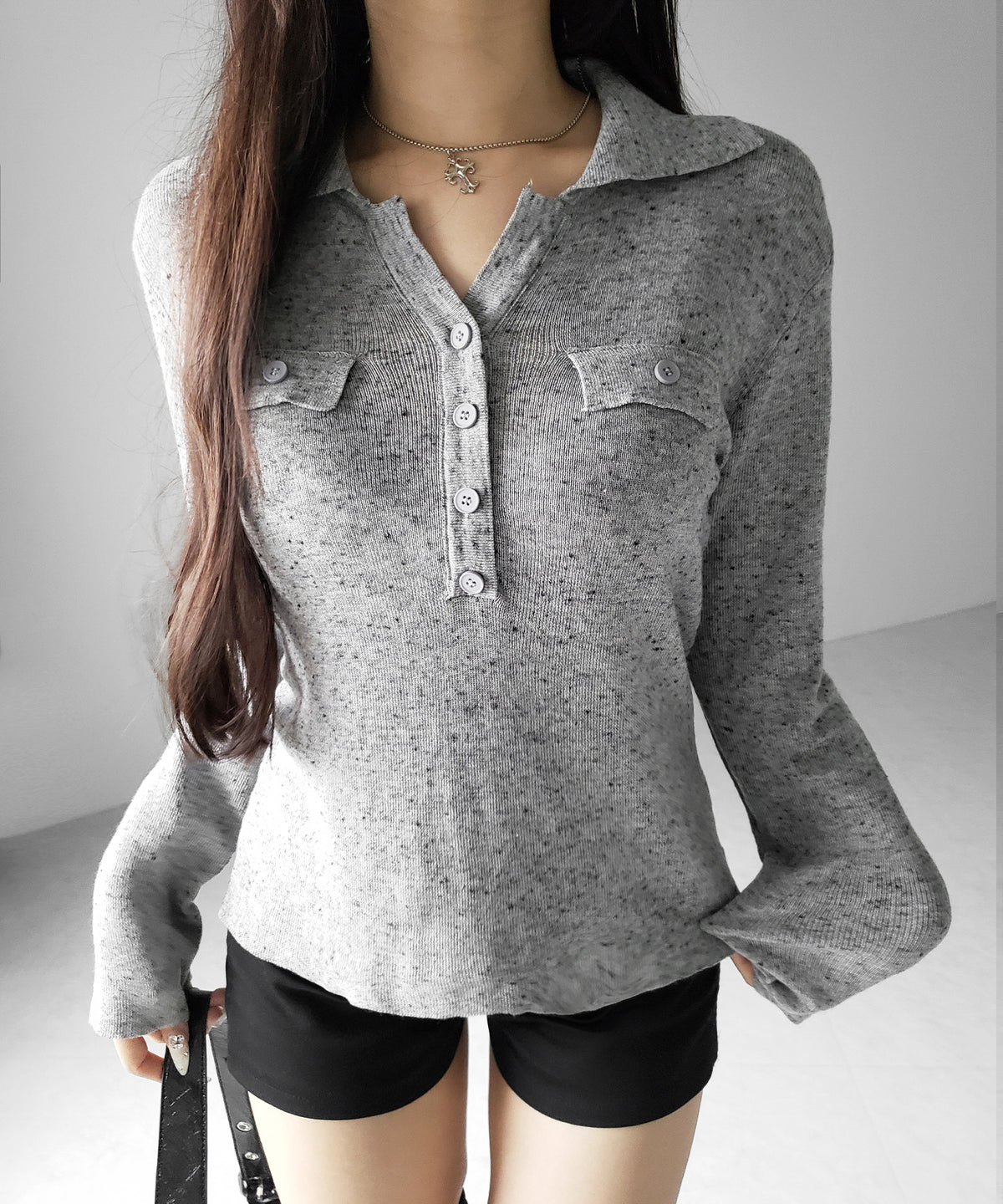 スキッパーボタン長袖ロングニットトップス / skipper button long sleeve long sheer knit tops