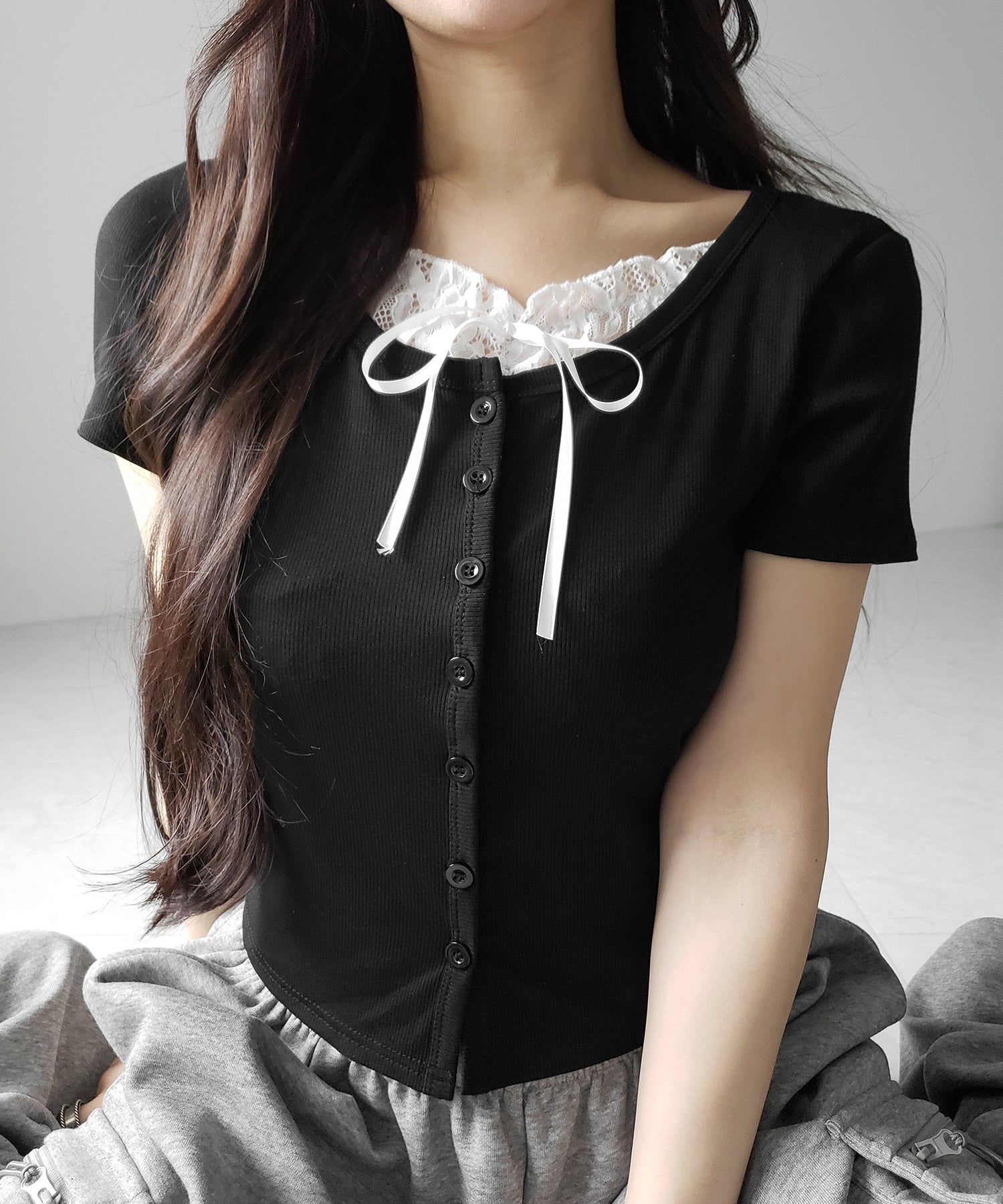 フロントリボンレースレイヤード半袖リブトップス /front ribbon lace layered short sleeve rib tops