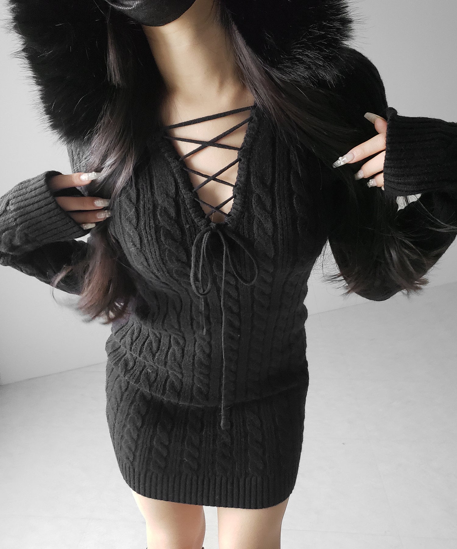 ファーフーディレースアップレディニットミニワンピース / fur hoodie lace up lady knit mini onepiece