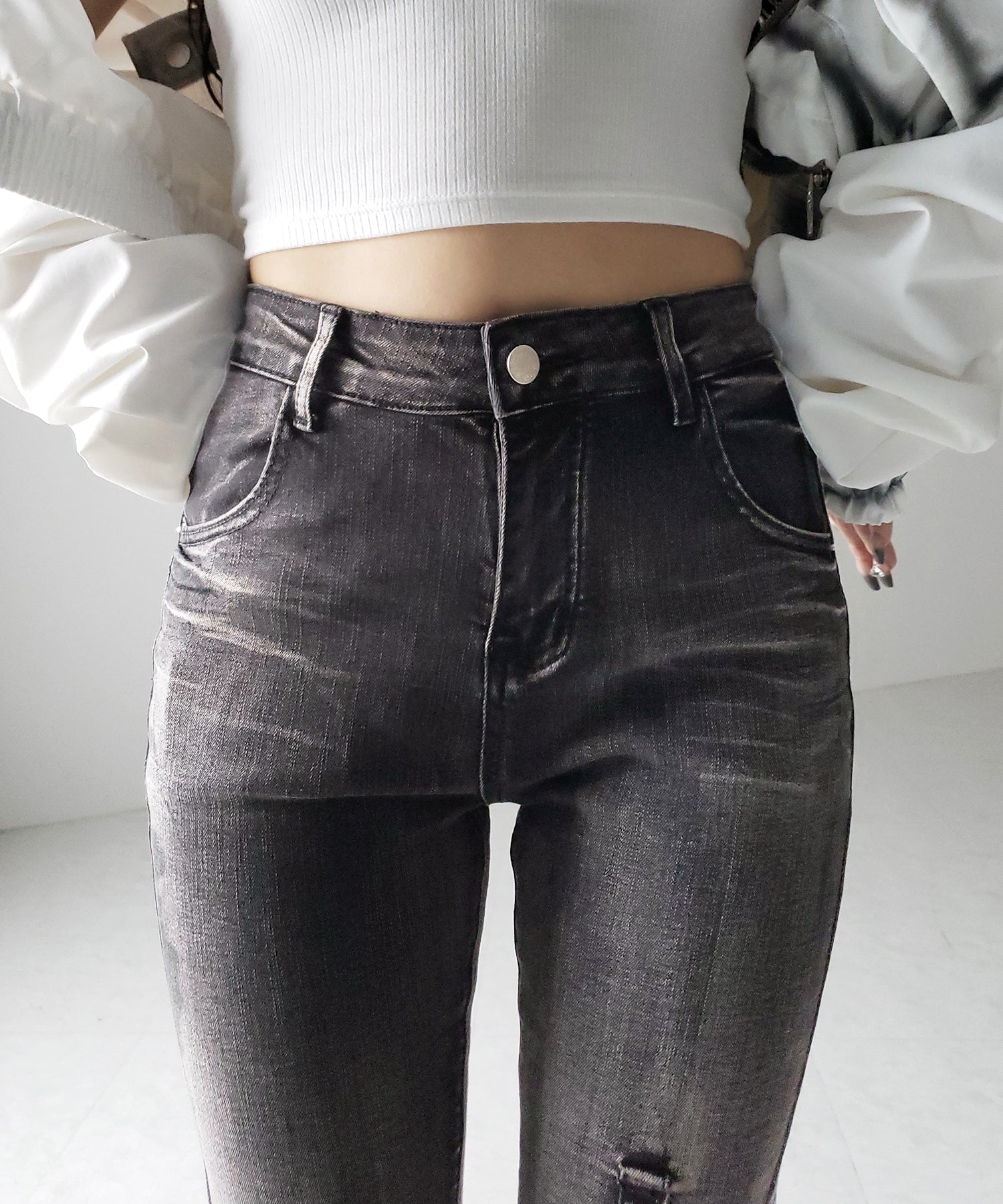 クロスデザインヴィンテージライクフリンジストレッチフレアデニム / cross design vintage-like fringe stretch flare denim