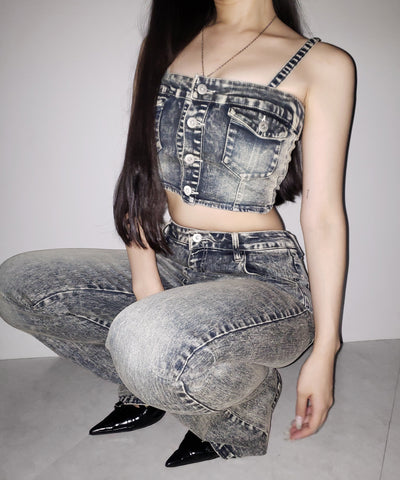 【 セットアップ 】ヴィンテージライクデニムビスチェ + ストレッチフレアデニム SET / 【 SET UP 】 vintage like denim bustier + stretch flare denim