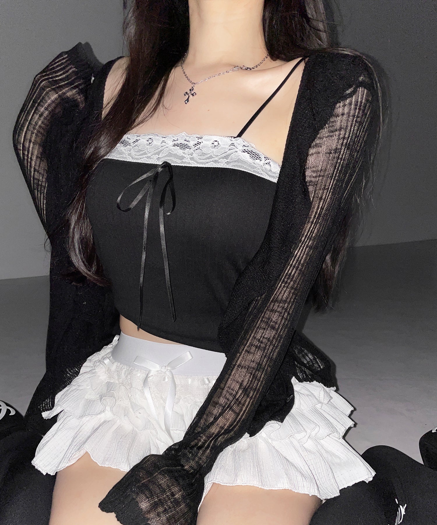 フリルシアールーズニットカーディガン / frill sheer loose knit cardigan