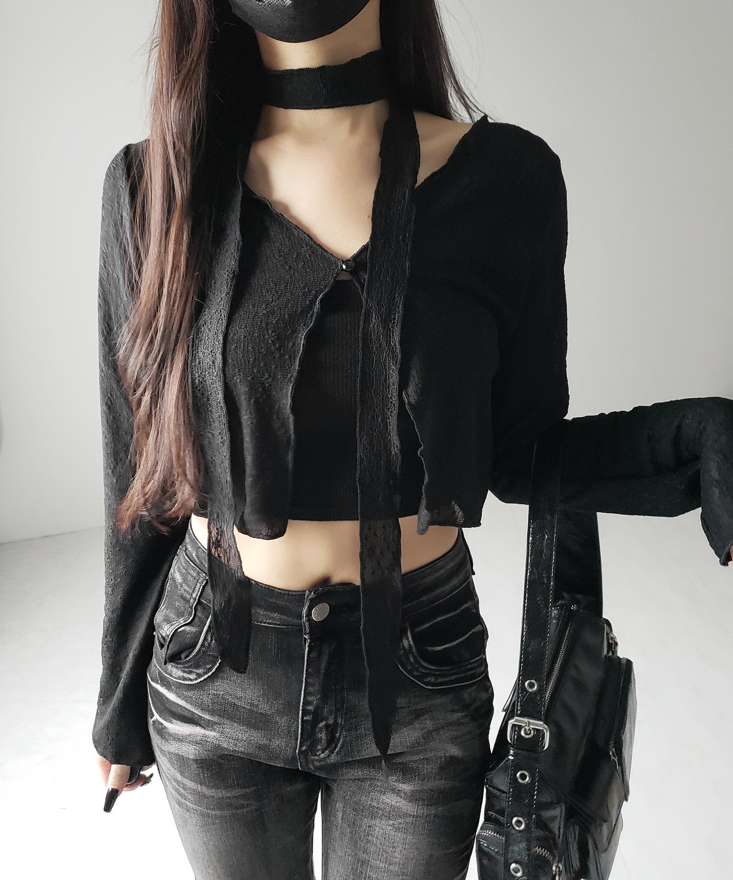 【 2color / 2WAY 】チョーカーロングタイ付きショートシアーカーディガン / choker long tie set short sheer cardigan