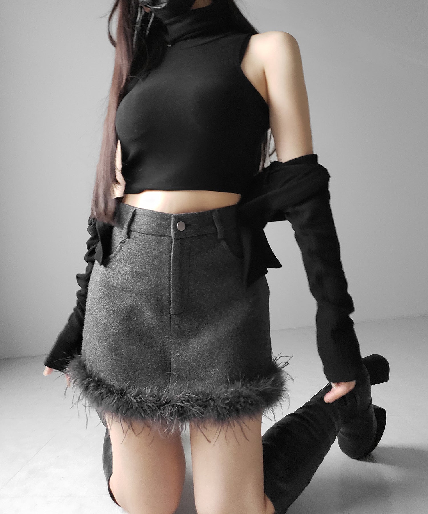 【 インナーパンツ裏地付 】ファードッキングウールライクレディミニスカート / fur docking woollike lady mini skirt