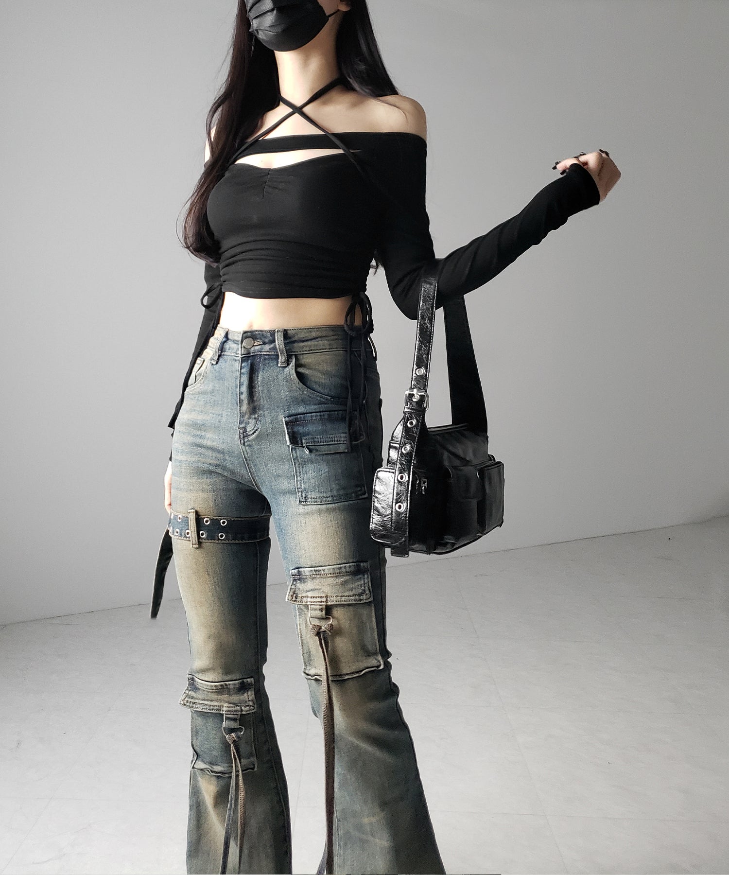 【 2color / 4size 】ベルテッドアウトポケットヴィンテージフレアデニム / belted out pocket vintage flare denim