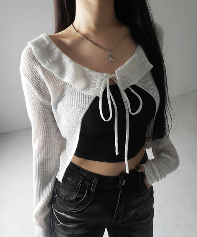 【 2color 】襟付きフロントリボンシアーニットショートカーディガン / collar front ribbon sheer knit short cardigan