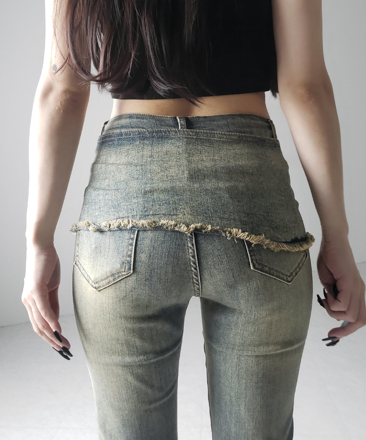【 2color / 4size 】ストラップリボンヴィンテージストレッチフレアデニム / strap ribbon vintage stretch flare denim