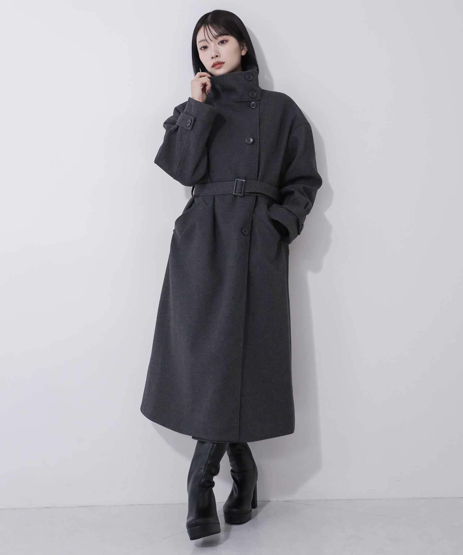 【 ウエストマークベルトSET 】2WAY スタンドカラーレディメルトントレンチロングコート / 2WAY stand collar lady melton trench long coat