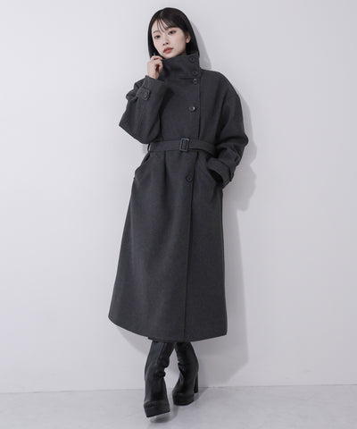 【 ウエストマークベルトSET 】2WAY スタンドカラーレディメルトントレンチロングコート / 2WAY stand collar lady melton trench long coat