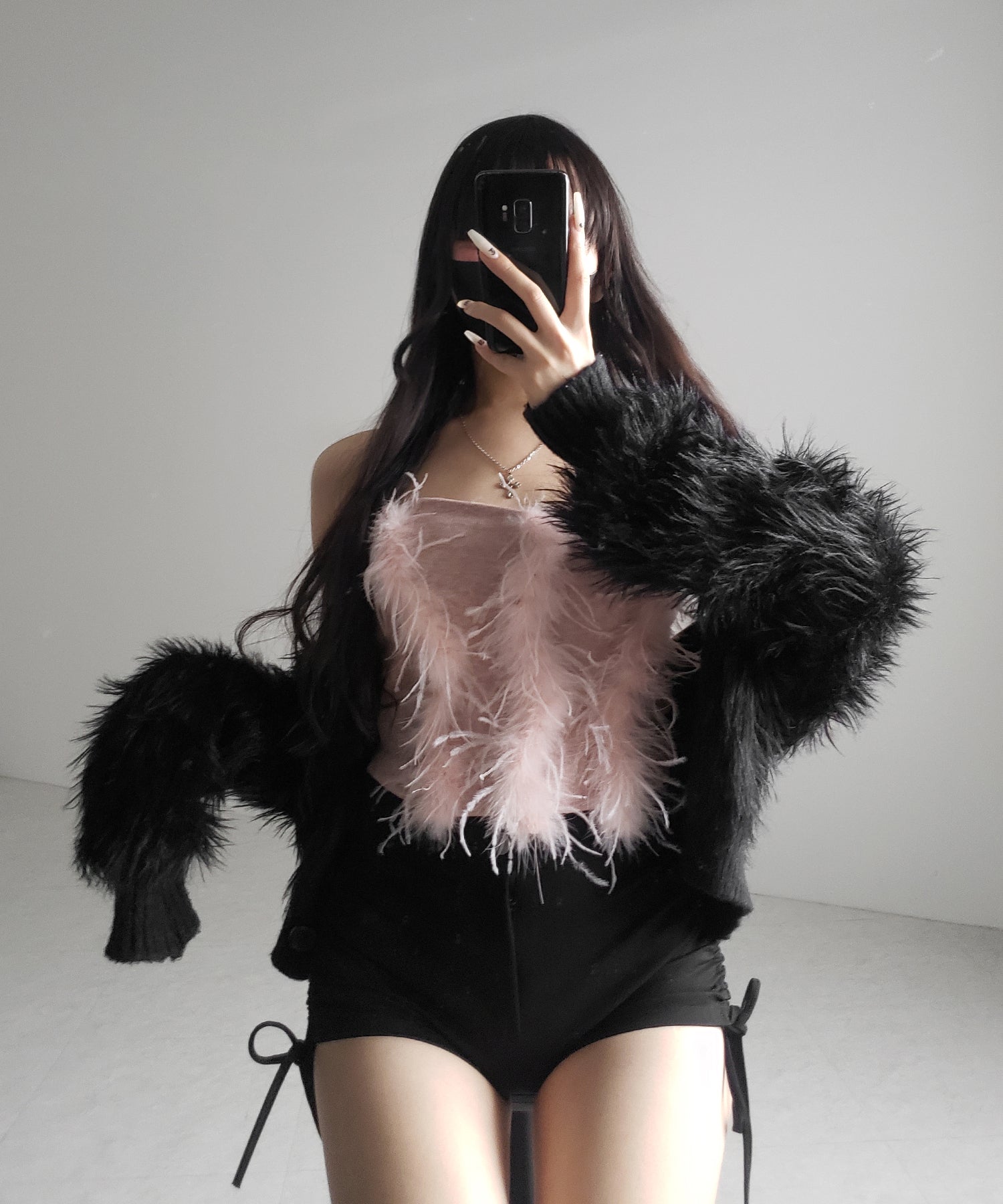 フェザーファードッキングビスチェベアトップ / feather fur docking bustier bare tops