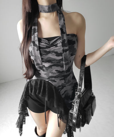 チョーカーロングタイ付き ヴィンテージカモフラレースフリルベアトップス / ( choker long tie SET ) vintage camouflage lace frill bare tops