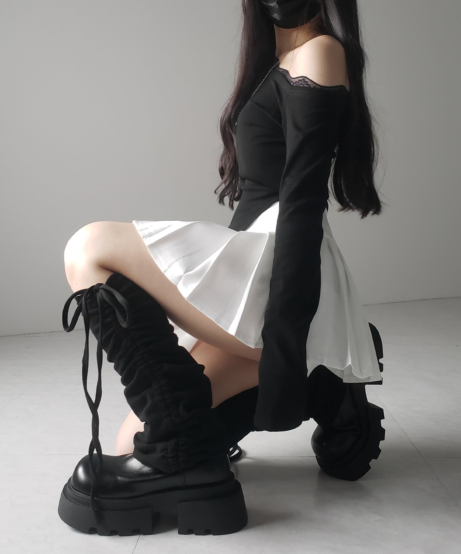 【 2color 】ストラップリボンサイドシャーリングレッグカバー / strap ribbon side shirring leg cover
