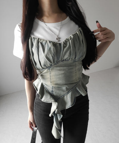 【 2点セット 】ヴィンテージデニムビスチェ & 半袖レイヤードTシャツセット / vintage denim bustier & short sleeve layered T-shirts set