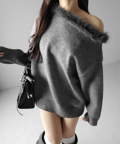 【 ニットセットアップ 】フェイクファーワンショルオーバーニット + ニットショートパンツ SET / fake fur one-shoulder over knit + knit short pants SET