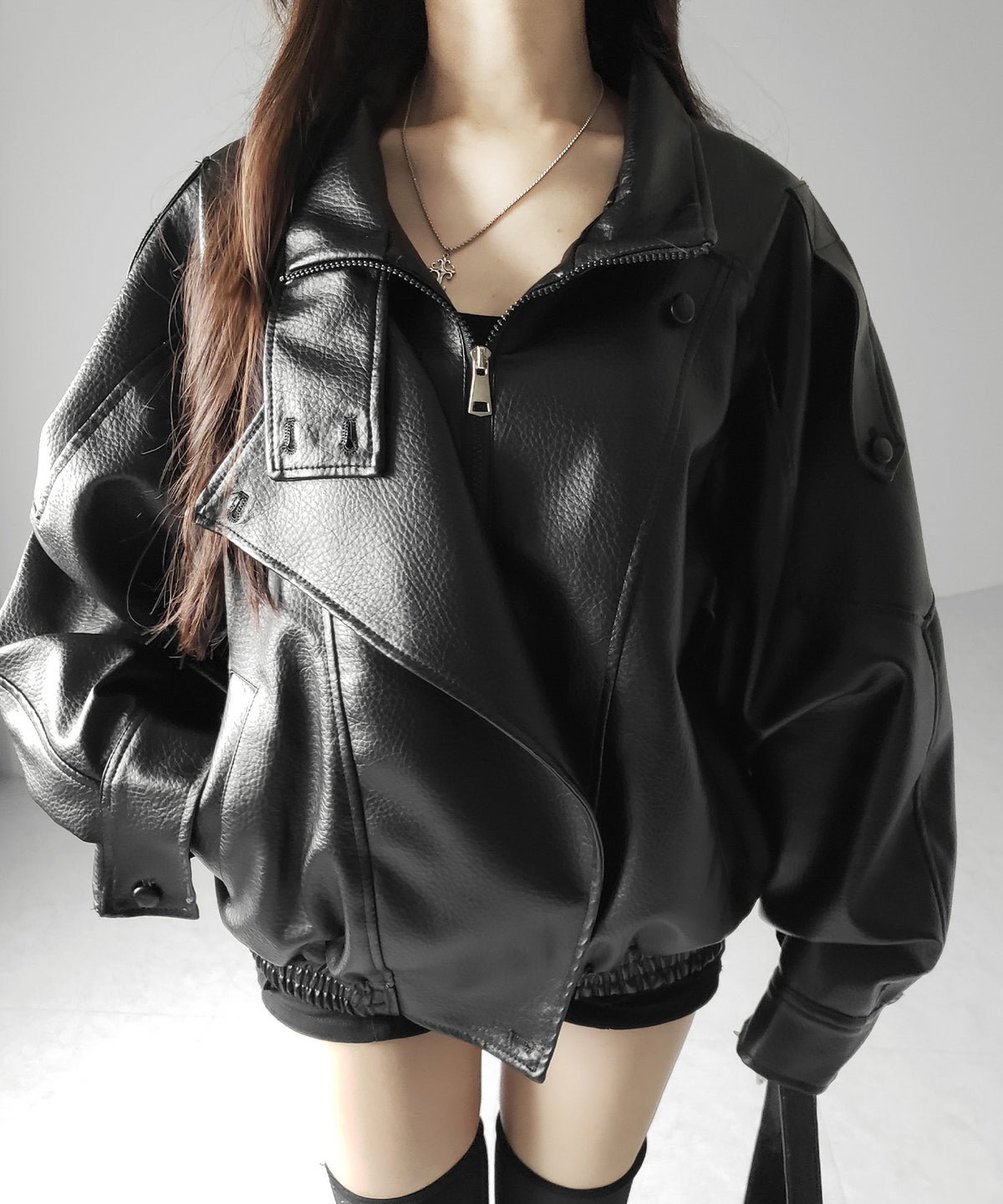 ヴィンテージフェイクレザースタンドカラージップアップブルゾン / 2WAY vintage fake leather stand collar zipup blouson