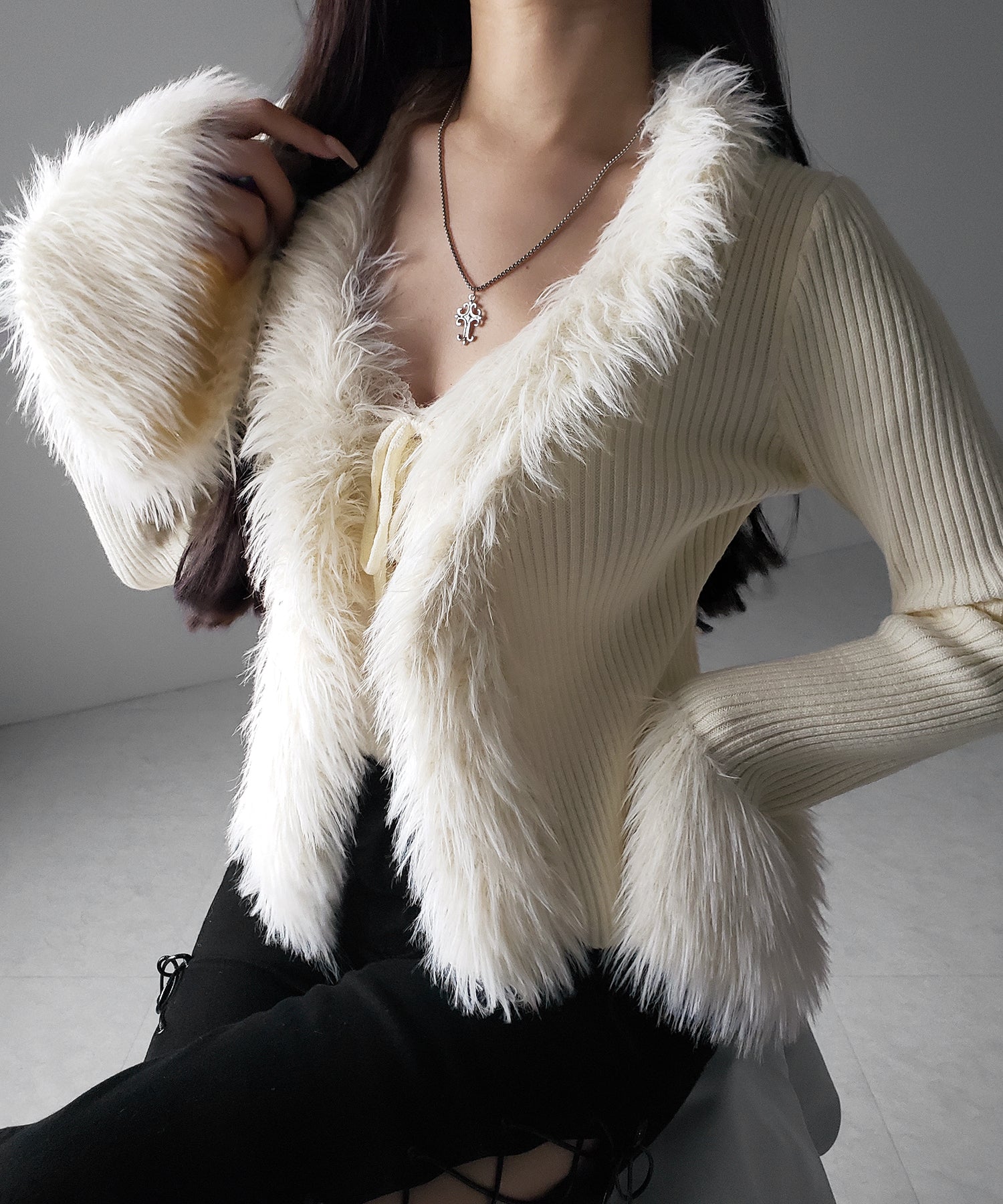 シャギーファードッキングリブニットカーディガン / shaggy fur docking rib knit cardigan