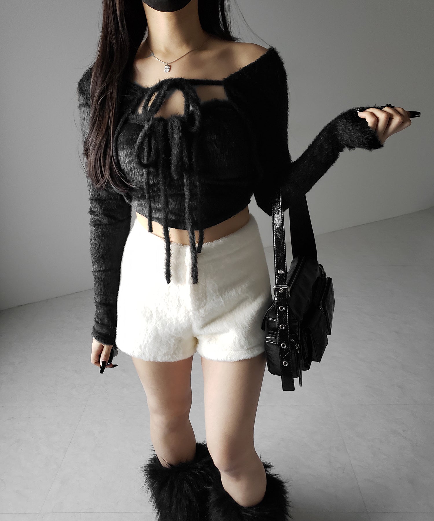 【 2点セット 】シャギーリボンベアトップス & ショートシャギーカーディガン SET / Shaggy ribbon bare tops & short shaggy cardigan