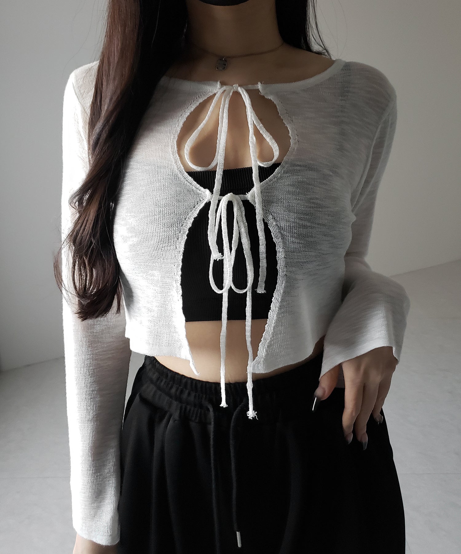 ダブルリボンシアーニットショートカーディガン / double ribbon sheer knit short cardigan