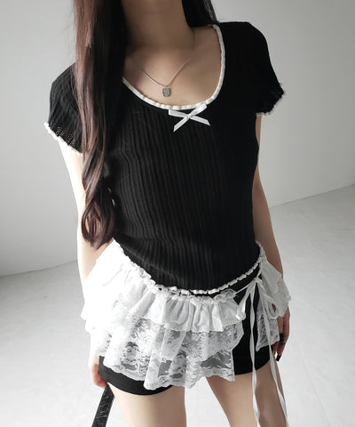 ミニリボンオープンネック半袖ニットトップス / mini ribbon open neck short sleeve knit tops