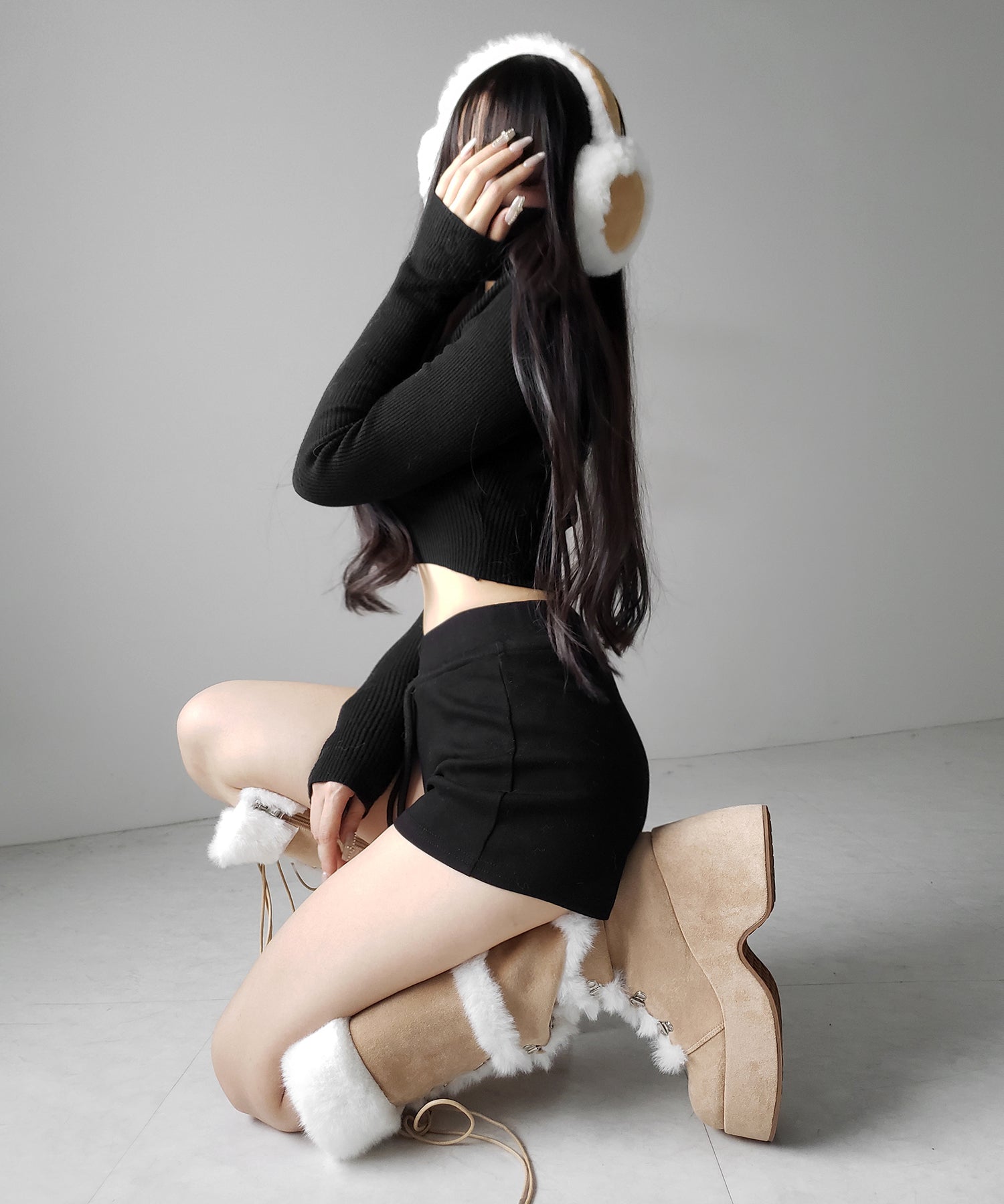 厚底レースアップムートンロングブーツ / platform laceup mouton long boots