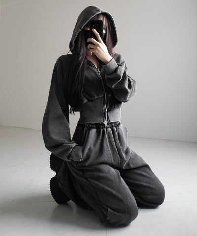 【 セットアップ 】ピグメントヴィンテージショートパーカー + ワイドパンツ SET / pigment vintage short hoodie + wide pants SET